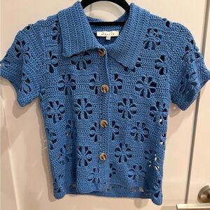 Never Worn Adorable Blue Crochet Button Down Top